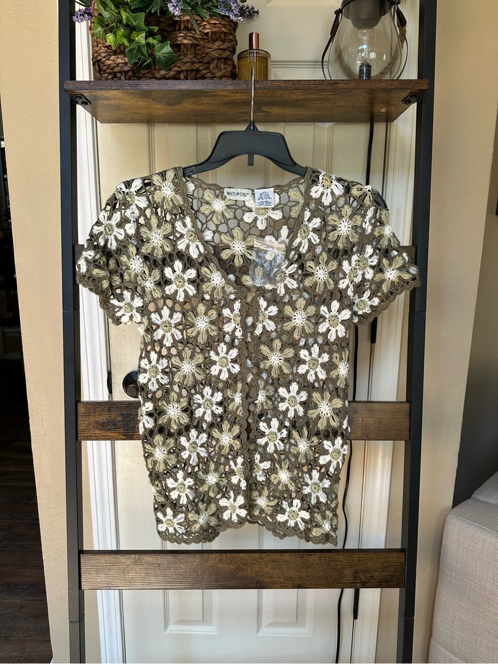 Sage & Cream Crocheted Floral Sweater
